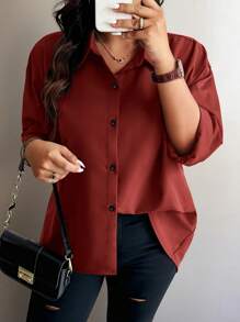 Celure 大码休闲纯色纽扣衬衫，配蝴蝶结装饰和后开衩，秋季 - 酒紅色 - 查看 3