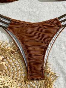 Swim Vcay Conjunto de bikini de 2 piezas de unicolor con tirantes tipo espagueti y volantes para playa de verano - Marrón - Ver 4