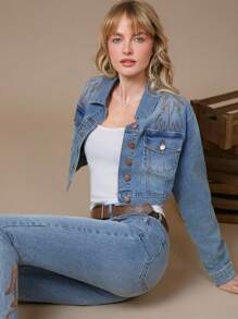 WESTFADE Premium Denim Cotton Collared Button Front Western Embroidered Cropped Trucker Jacket Nashville Style Outfits - Light Wash - View 3