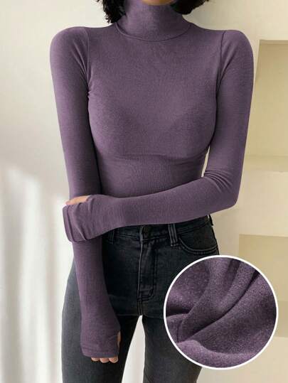 DAZY 女式纯色高领修身长袖羊毛 T 恤，秋季女装