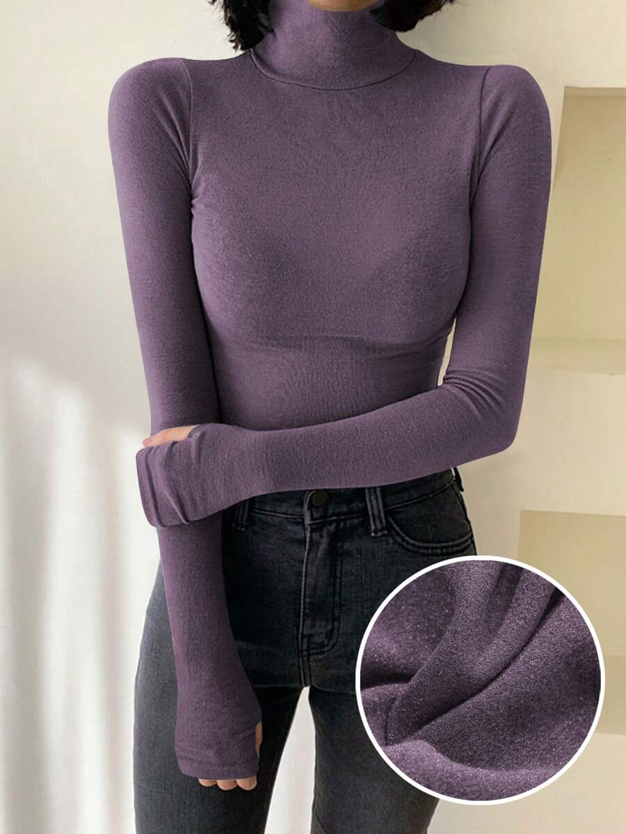 DAZY Áo thun nữ cổ lọ tay dài ôm vừa vặn màu trơn, quần áo mùa thu cho nữ - Màu tím - Xem 1