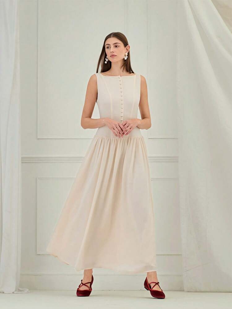 女性エレガントなソリッドカラーウエストシェイプドノースリーブドレス、秋向け