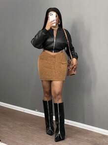 Slaydiva Women Casual Solid Color Fluffy Skirt, Autumn/Winter - Brown - View 6
