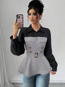 Calvaya Women's Casual Splice Shirt Collar Button-Up Cinched Waist Waist Long Sleeve Shirt, Elegant For Office Work And Daily Wear
