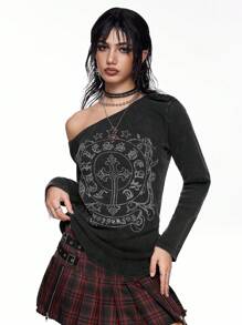 ROMWE Grunge Punk Áo thun nữ Kpop họa tiết cây leo đính đá Y2K cổ điển và họa tiết lễ hội rách vai bất đối xứng - màu đen - Xem 6