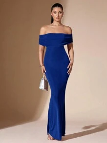 SHEIN BAE 女士纯色露肩性感透明优雅鱼尾露背紧身舞会礼服