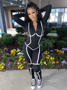 Women Contrast Color Trim Mock Neck Zipper Front Long Sleeve Casual Two Wear Jumpsuit - Black - View 7