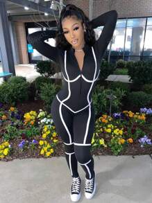 Women Contrast Color Trim Mock Neck Zipper Front Long Sleeve Casual Two Wear Jumpsuit
