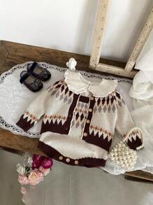 SHEIN 复古费尔岛圣诞乡村 2024 秋季女婴舒适针织毛衣套装带工装裤，舒适保暖，展现可爱时尚魅力 - 杏色 - 查看 6