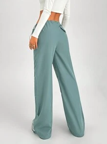 SHEIN Cottnline Women Solid Color Drawstring Waist Pleated Relaxed Straight Leg Casual Pants - Cadet Blue - View 2