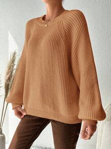 EURMUSE Plus Size Fall Solid Color Crew Neck Long Sleeve Simple Knit Sweater, Casual For Everyday Wear, For Winter - Camel - View 3