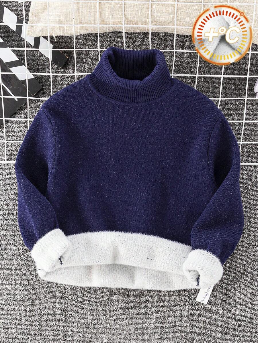 Tween Boy 休闲运动高领长袖针织毛衣，冬季保暖厚套头衫，宝蓝色