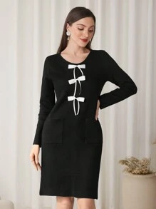 Modelyn 女士撞色蝴蝶结装饰口袋长袖休闲毛衣连衣裙 - 黑色 - 查看 2