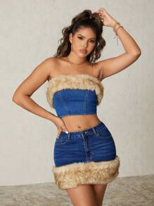 SHEIN SXY Jupe courte en denim bleu foncé versatile, moulante, sexy, chaude, amovible et à franges épaisses. Convient pour toutes les saisons, denim épais - Bleu azur - Voir 4