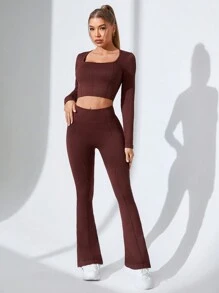 Easithlete 女士运动服 2 件套长袖上衣和长裤套装，休闲运动风格 - 棕色 - 查看 4