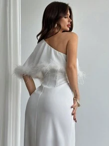 Firerie Elegant Romantic Sexy White Asymmetric Satin Feather Bodycon Party Dress, Autumn/Winter New Arrival - White - View 4