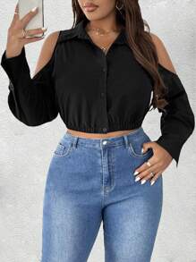 Maweii Camisa corta de manga larga con hombro hueco, diseño ceñido y unicolor para mujer talla grande - Negro - Ver 5