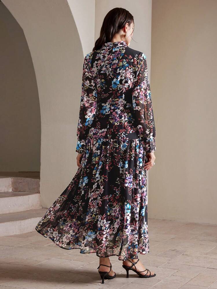 Dark Aesthetic Printed Cinched Waist Long Dress For Women Maxi Women Outfit