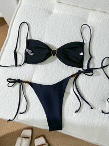 Swim Chiccia Solid Color Spaghetti Strap Shell Decor Bikini Top And Tie Side Swim Shorts 2 Pieces Bikini Set, Summer - Black - View 2