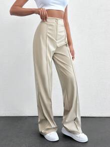 SHEIN Tall 高腰純色PU皮革喇叭褲，休閒百搭，適合高個女性 - 奶油色 - 查看 5