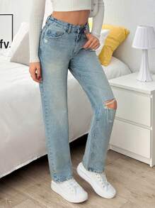 EURMUSE High Waist Skinny Straight Blue Pocket Belt Casual Jeans - Light Wash - View 4