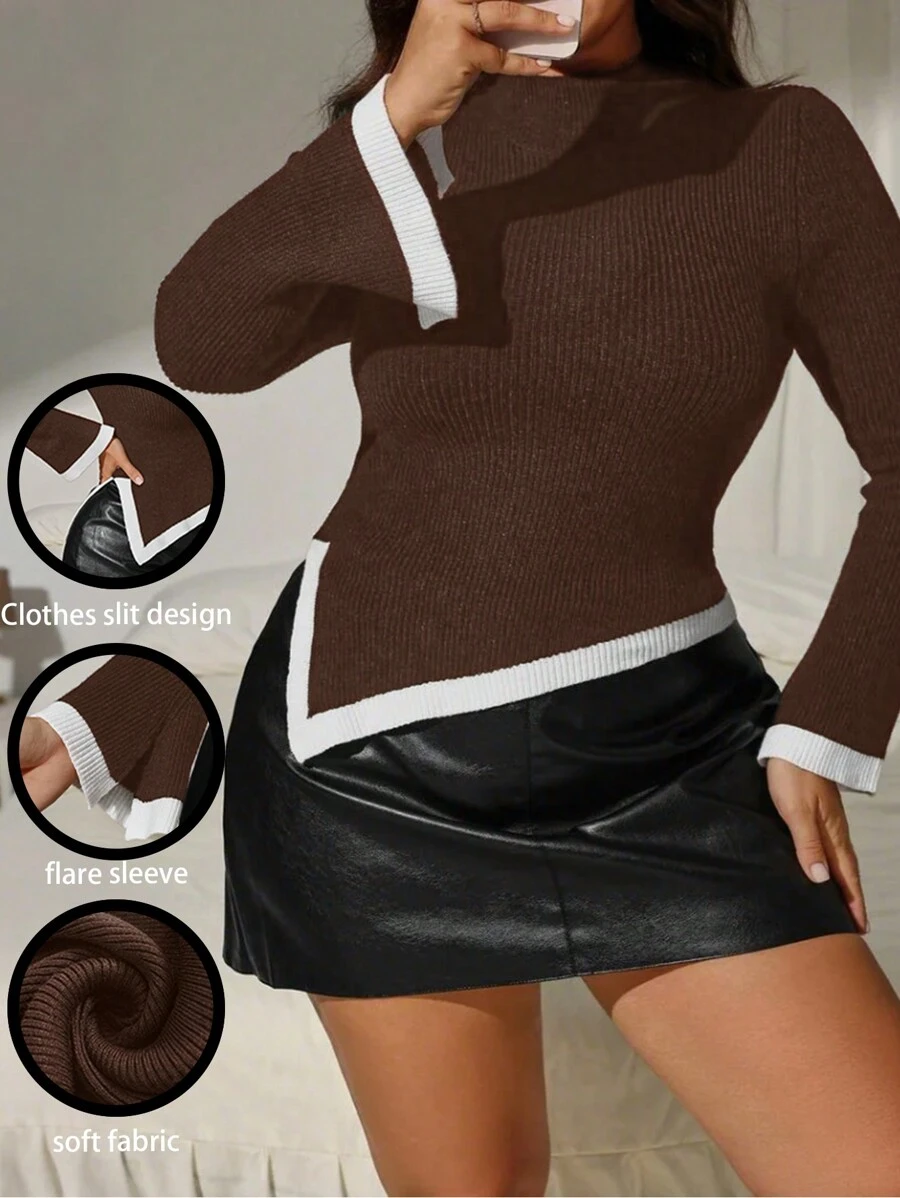 SHEIN Clasi Plus Size Women Stand Collar Contrast Color Long Sleeve Asymmetrical Hem Sweater For Autumn/Winter Knit Pullover Fall Outfit