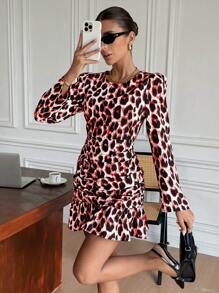 SHEIN Frenchy Jesienna damska sukienka mini z nadrukiem w panterkę
