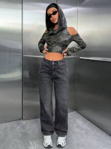 EURMUSE Women's High Waist Pocket With Heart Frayed Hem Straight Loose Casual Jeans - Grey - View 6