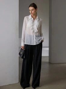 SHEIN Privé 女士浪漫优雅荷叶边纹理长袖衬衫优雅商务休闲女士纽扣衬衫 - 白色 - 查看 4