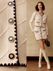 MOTF PREMIUM CONTRAST PIPING V-NECK SINGLE BREASTED PLACKET CARDIGAN - Black and White - View 9