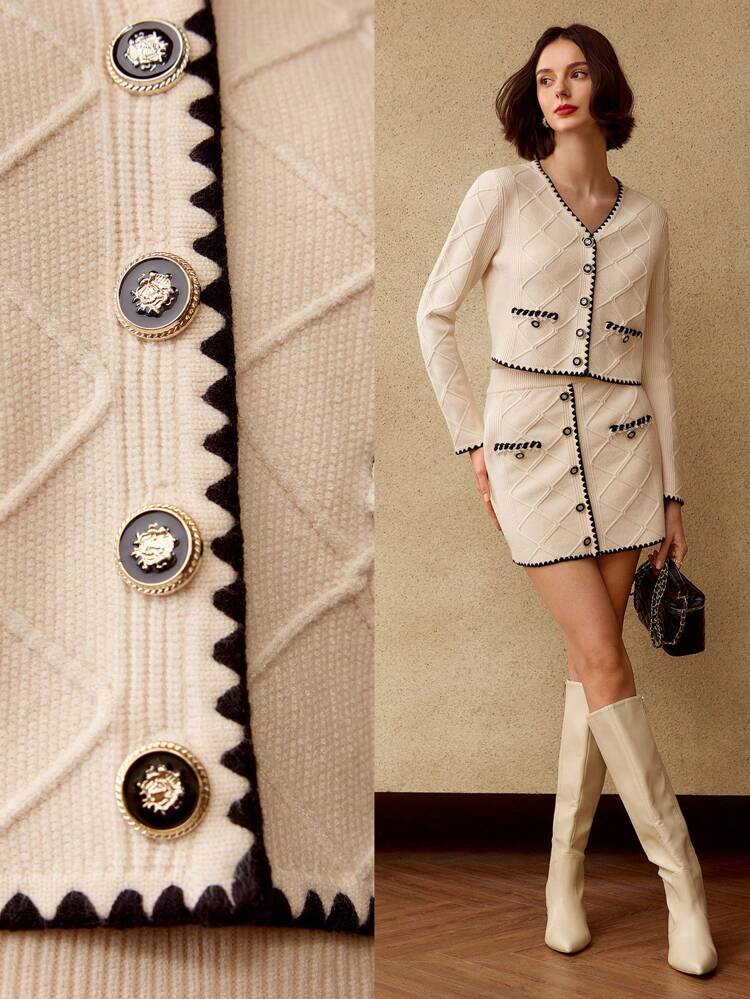 CONTRAST PIPING V-NECK SINGLE BREASTED PLACKET CARDIGAN