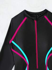 Swim SPRTY Women's Multi-Color Patchwork Long Sleeve Zip Up Sporty Swimsuit Summer
