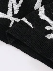 SHEIN Leap Crew Tween Boy Vintage Graffiti Textured Crew Neck Sweater, Suitable For Winter, Travel, And School - Black and White - View 6