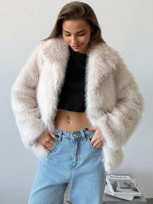 Aloruh Elegant Mid-Length Faux Fur Collar Front Open Cardigan Outerwear, Versatile For Skiing & Vacation - Beige - View 7