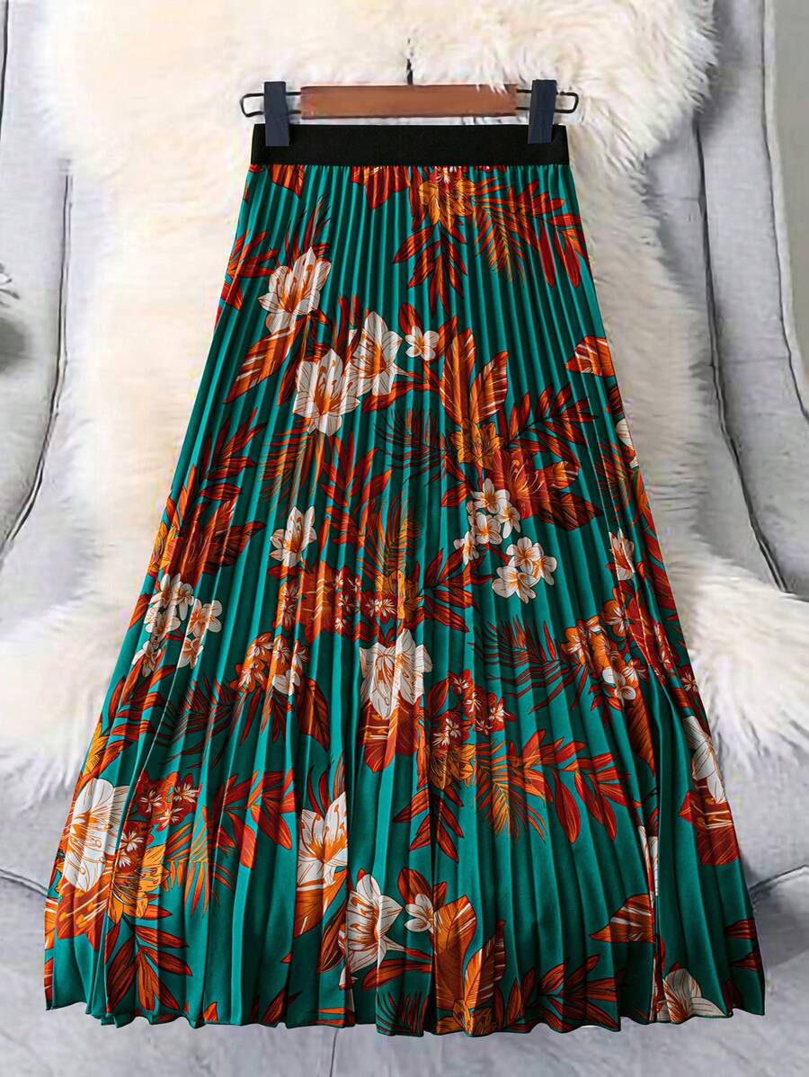 EMERY ROSE Women Floral Print Elastic Waist Pleated Casual Skirt Maxi Fall Cloth For Women - Multicolor - View 1