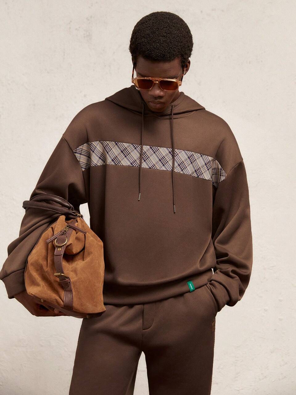 Men's Knitted Brown Plaid Hoodie,Streetwear Diamond Plaid Pattern Loose Drop Shoulder Casual Hoodie With Drawstring,Autumn,Vacation Letter Graphic