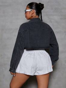 SHEIN ICON Plus Size Women Drop Shoulder Long Sleeve Single-Breasted Short Casual Denim Jacket, Autumn - Black - View 2