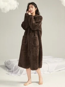 DAZY Minimalist Flannel Hooded Thick Robe, Loose Home Wear, Winter