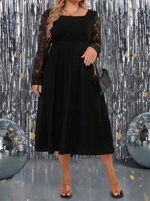 SHEIN Clasi Đầm dài ren vá cổ vuông thanh lịch cho nữ cỡ lớn, phù hợp cho mùa xuân và mùa thu - màu đen - Xem 6