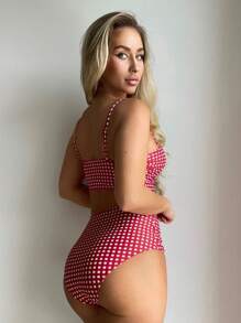 Swim Lushoire Summer Beach Plaid Bikini Set Twist Push Up Bra & High Waisted Bottom 2 Pieces Bathing Suit - Red and White - View 3