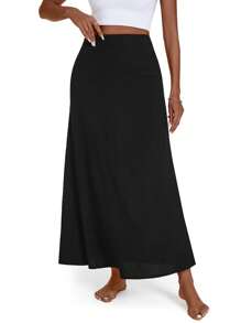 SHEIN LUNE 女式纯色纹理简约休闲A字长裙 - 黑色 - 查看 4