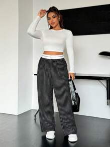 SHEIN EZwear Pantalones casuales holgados de talle alto con pliegues y rayas en patchwork para mujer de talla grande