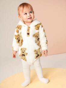SHEIN Baby Boy Winter Casual Cute Bear Hoodie With Fluffy Ears Thick Warm Bodysuit, Suitable For Outdoor Play, Birthday, Home Comfort - Multicolor - View 3