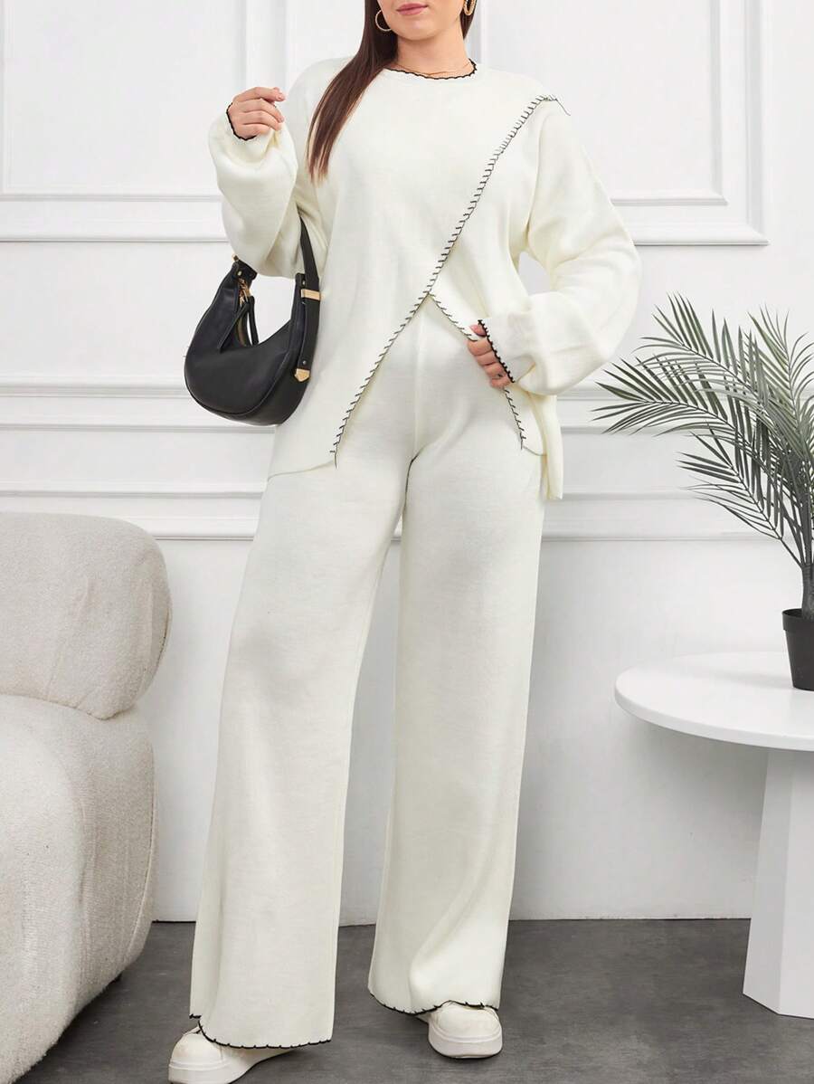 SHEIN Cottnline Asymmetric Detail Sweater And Pant Knitwear 2 Pcs Set Casual - Apricot - View 1