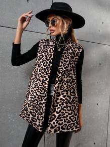 SHEIN Clasi Blazer de mujer de estampado de leopardo aleatorio sin mangas con cuello - Marrón - Ver 4