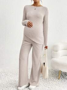 SHEIN 2pcs Pregnant Women Casual Set - Solid Color Round Neck Long Sleeve Asymmetric Hem T-Shirt And Adjustable Waist Pants, Autumn