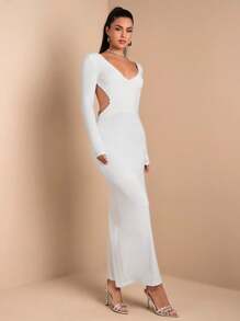 SHEIN BAE Vestido ceñido de manga larga, elegante, de escote en V y espalda descubierta, con cola de pez, de color liso para mujer - Blanco - Ver 4
