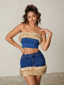 SHEIN SXY Jupe courte en denim bleu foncé versatile, moulante, sexy, chaude, amovible et à franges épaisses. Convient pour toutes les saisons, denim épais - Bleu azur - Voir 5