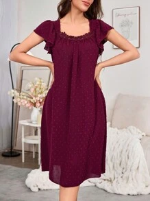 女士圆点提花荷叶边宽松方领长款睡裙，Moo Moo - 酒紅色 - 查看 3