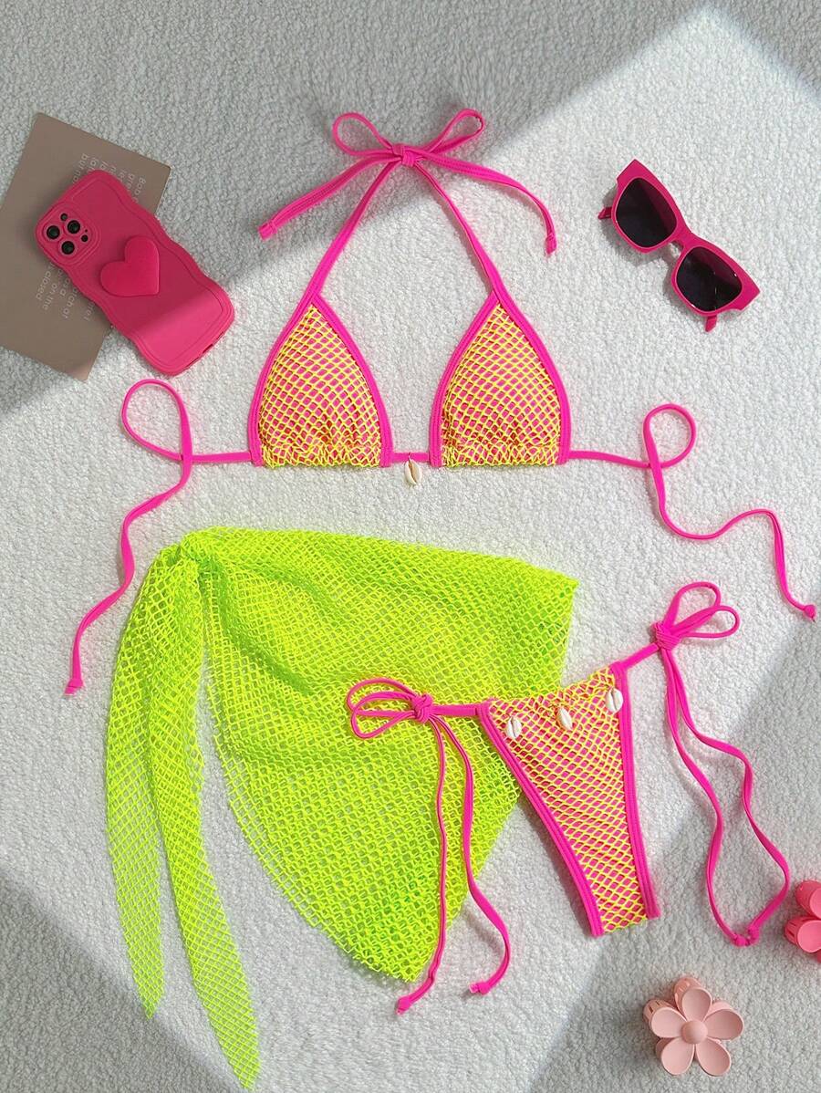 SHEIN Swim 3 件套撞色吊带贝壳装饰上衣、系带侧比基尼泳裤和裙子比基尼套装女式夏季 - 彩色 - 查看 1